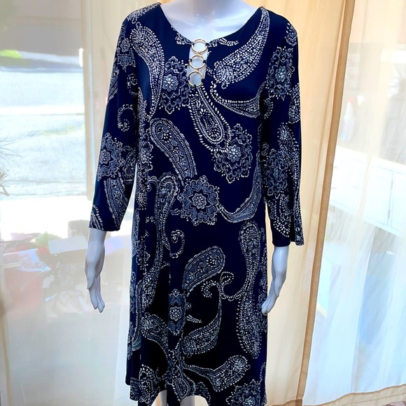 MSK Dresses & Skirts - MSK A-LINE 3/4 SLEEVE MIDI NAVY PAISLEY DRESS XL